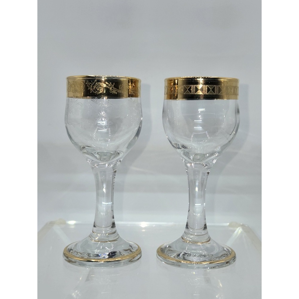 Vintage Gold Rim Cordial Goblets Etched Glass Mismatched Pair 4‎ 3/8"